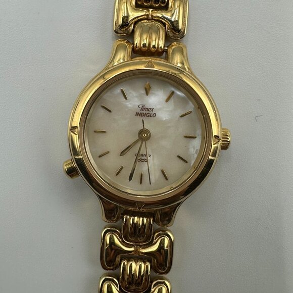 Timex Indiglo Watch Women Gold Tone White Mother of Pearl Dial New Battery 6" - Picture 1 of 12